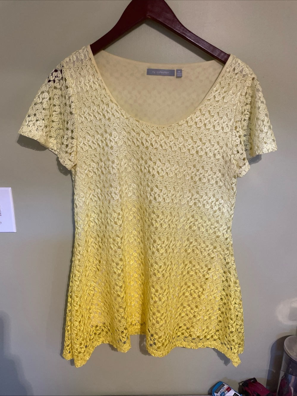 NY Collection Cream-to-Yellow Crochet Short Sleeve Tunic lined